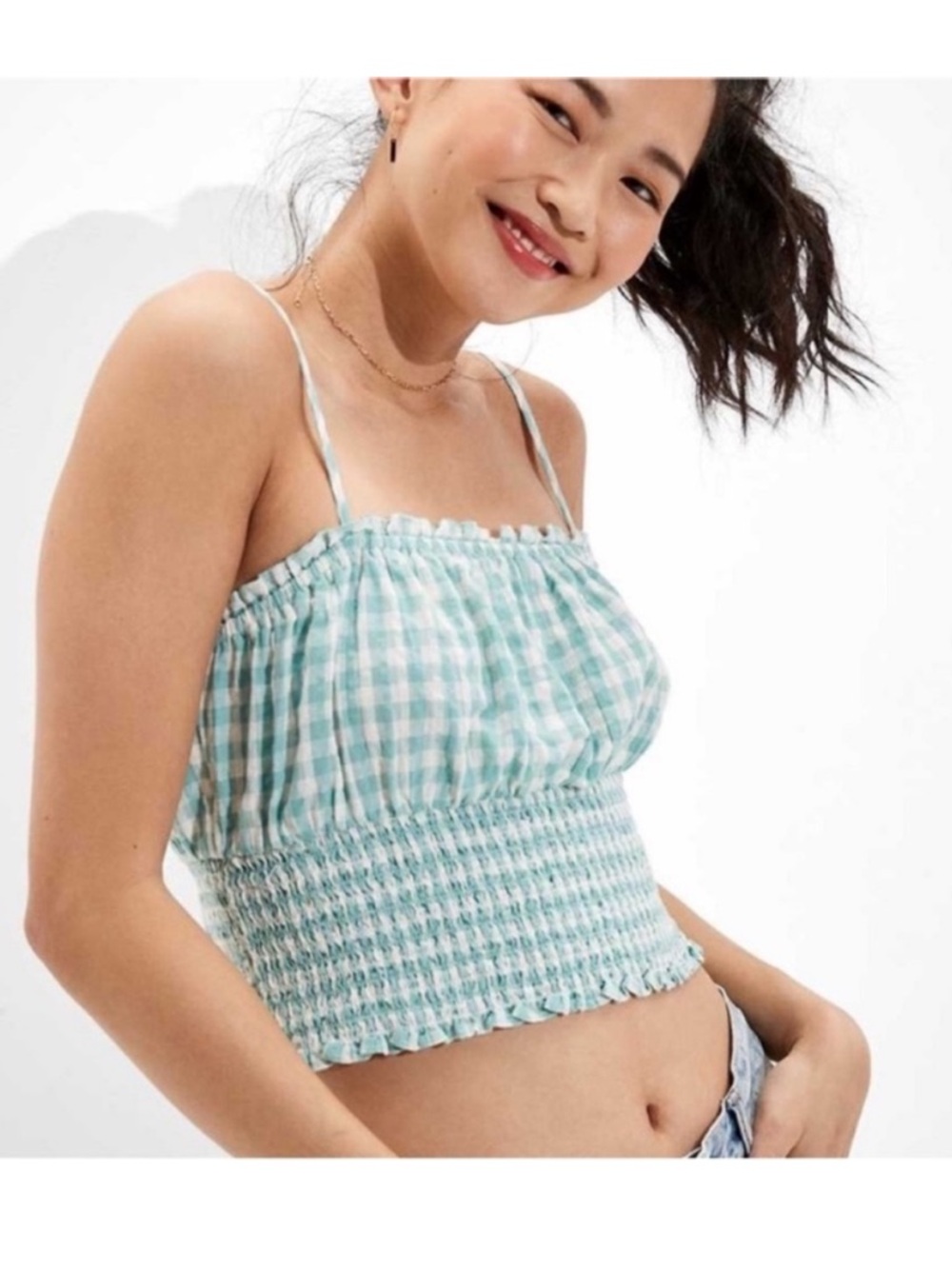 American Eagle Milkmaid Cottagecore Smocked Gingham Cotton/Linen Blend Cami.